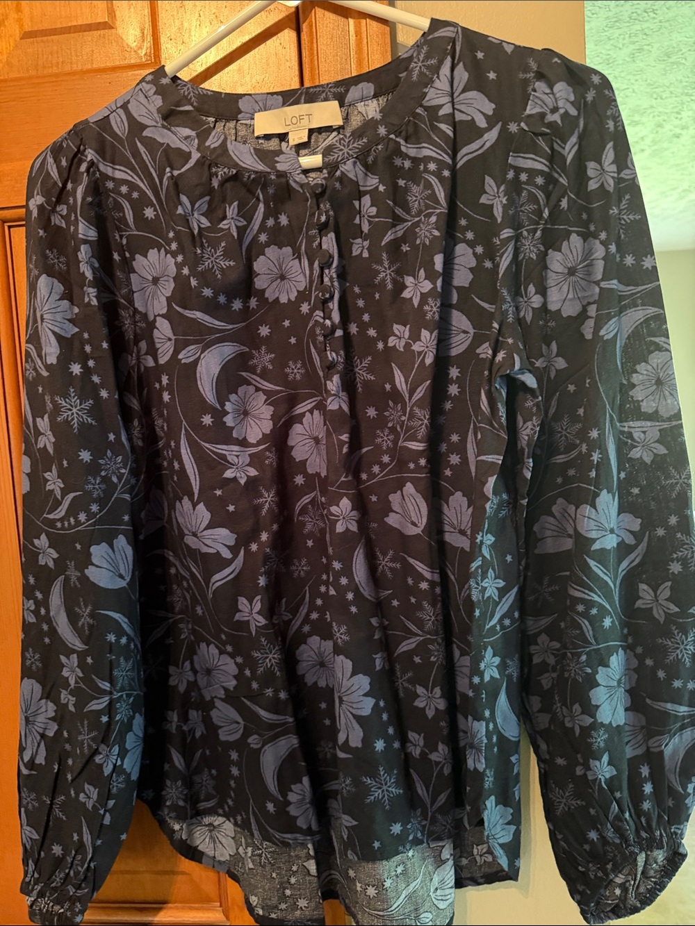 LOFT Black Long-Sleeve Floral Henley Shirt